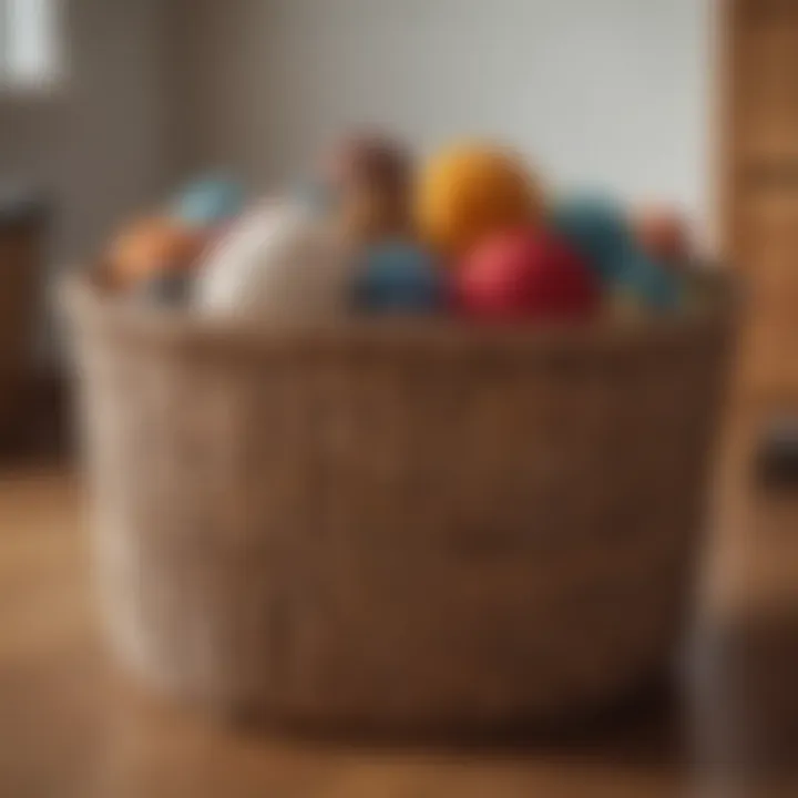 Round woven storage basket with lid, used for organizing children's toys in a nursery