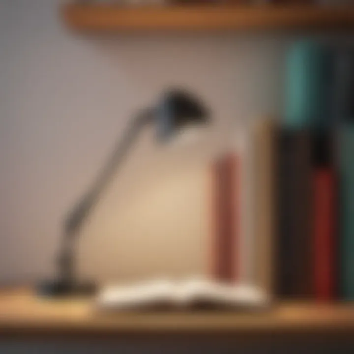 Clip-on desk lamp positioned on a bookshelf enhancing ambient lighting.