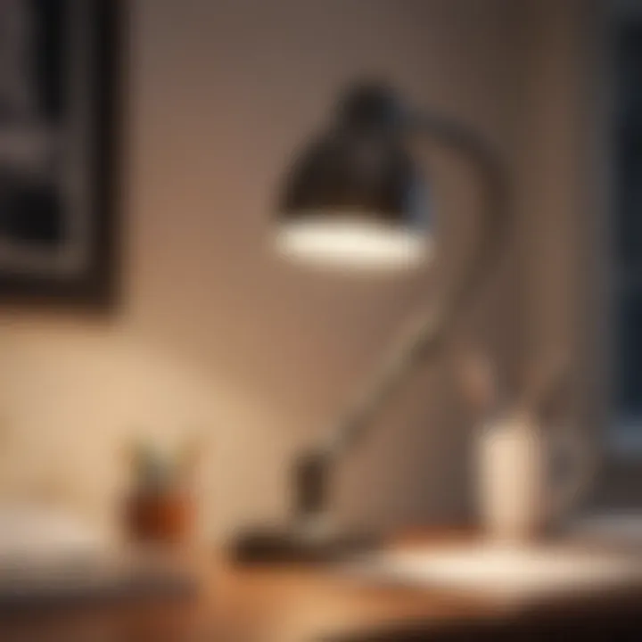 Stylish modern clip-on desk lamp illuminating a workspace.