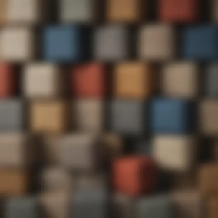 Close-up view of various fabric textures and colors of storage cubes.