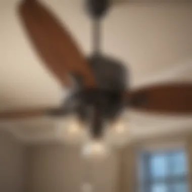 Close-up of a modern ceiling fan with four light bulbs highlighting its design details