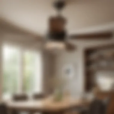 Stylish ceiling fan featuring four light bulbs illuminating a dining area