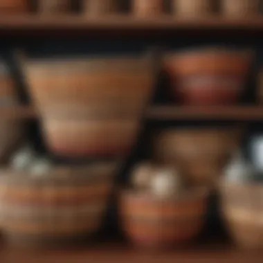 Stylish display of various round woven baskets arranged decoratively on a shelf