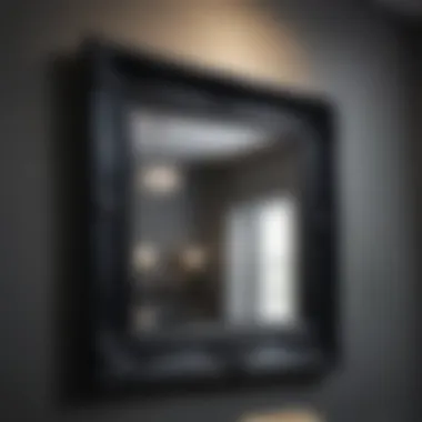 Close-up of craftsmanship in a black wooden mirror frame