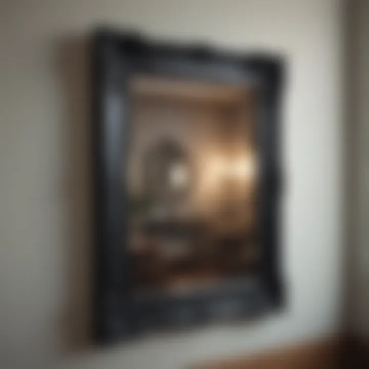 Black wooden framed mirror integrated into a vintage decor setting