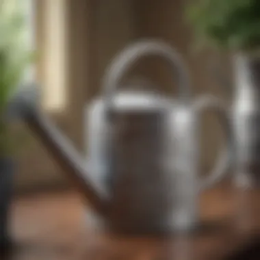Vintage metal watering can showcasing intricate design details
