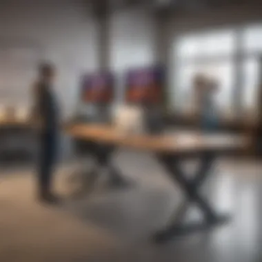 A foldable standing desk in a collaborative workspace, demonstrating adaptability for team environments.