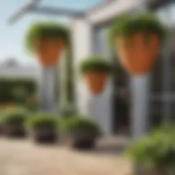 Stylish large plastic hanging planters in a contemporary garden setting