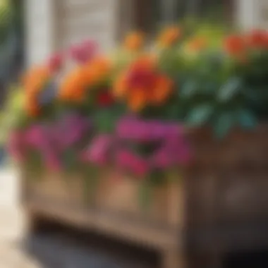 Vibrant flowers thriving in a rustic shallow planter box