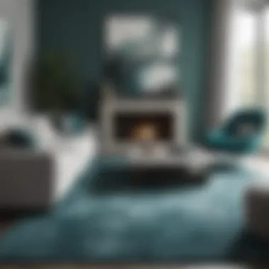 Luxurious teal and gray area rug in a modern living room