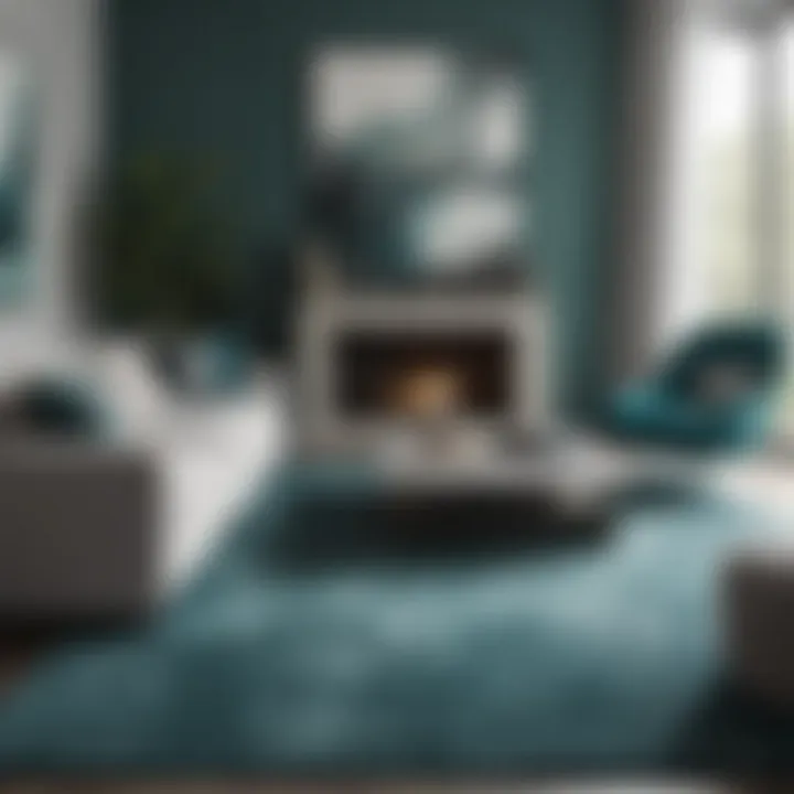 Luxurious teal and gray area rug in a modern living room