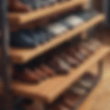 Close-up of wood and metal shoe rack detailing