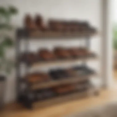 Sustainable wood and metal shoe rack in a living area