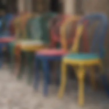 Various colors and styles of French bistro chairs arranged together