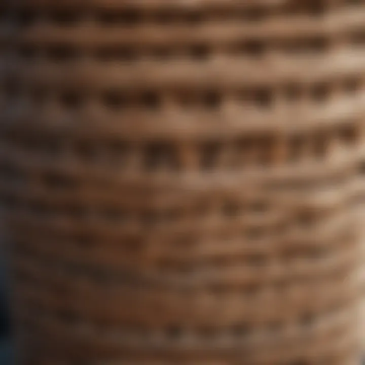 Close-up of natural materials used in round woven baskets, showcasing texture